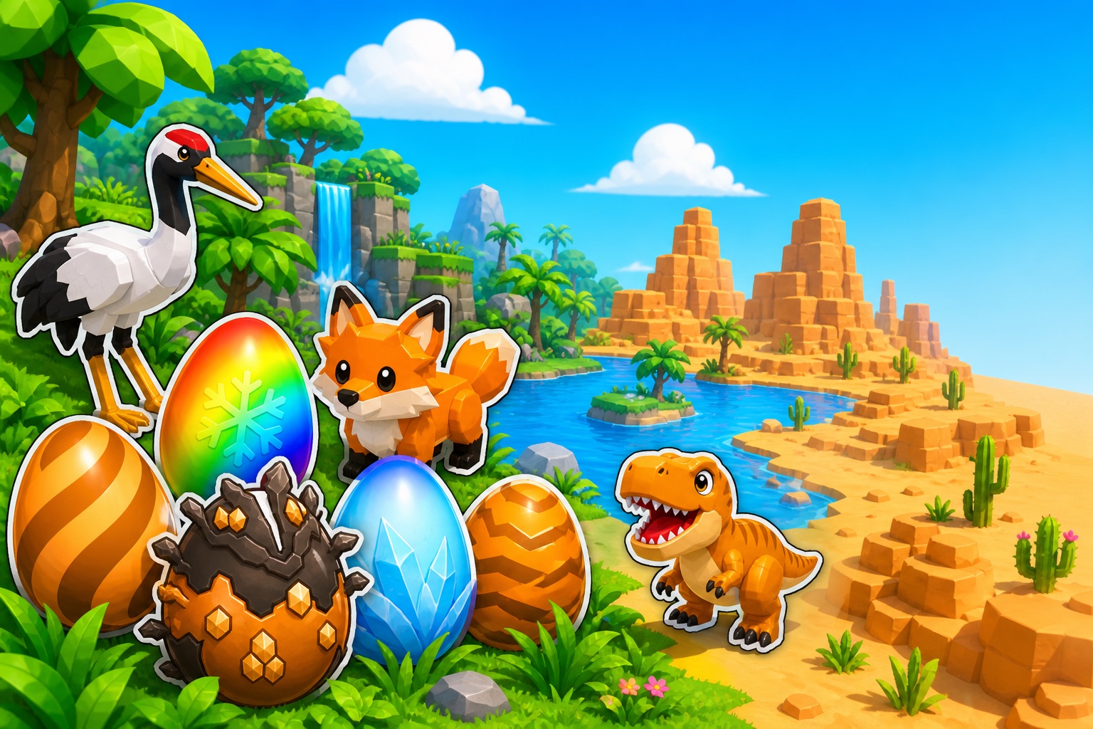 Roblox-style collectible eggs and pets across forest, lake, and desert biomes