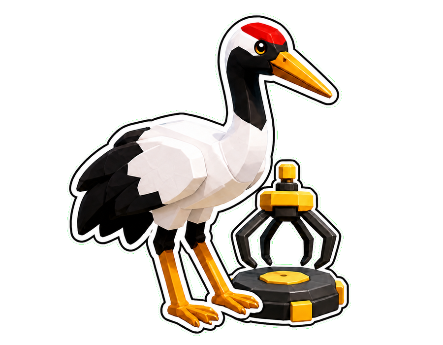 Low-poly Crane pet beside the Sakura Incubator machine