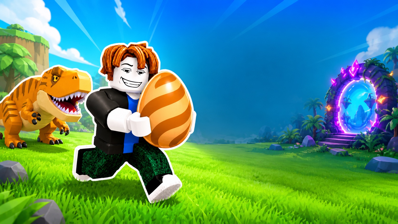 A Roblox-style player carrying a striped egg while a dinosaur follows near a glowing biome portal